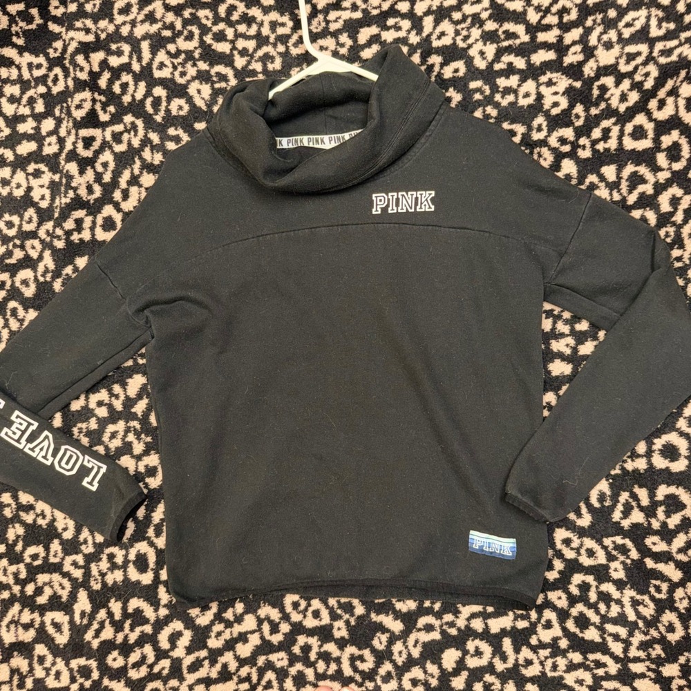PINK Victoria's Secret Sweatshirt Womens Small Black Cowl Neck Logo Athleisure
